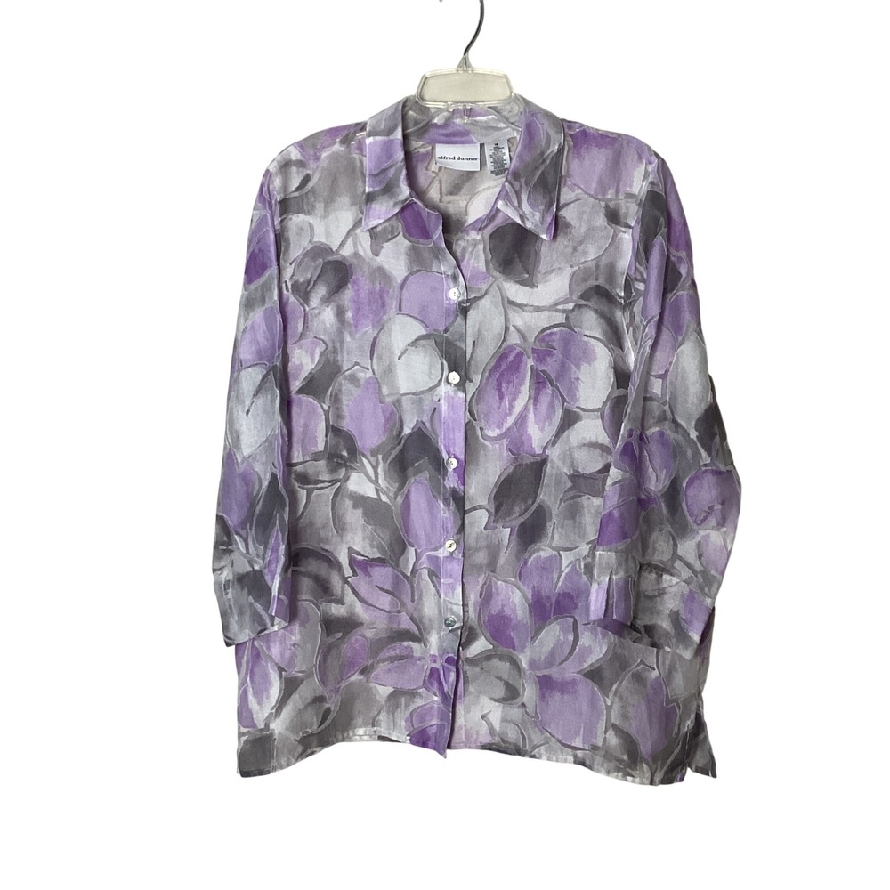 Alfred Dunner Floral Burnout Size 18 Button Up Sheer Women's Blouse Purple